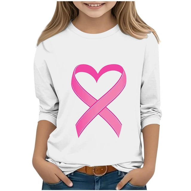 YUNAFFT T-Shirts à Col Rond pour Enfants Sensibilisation au Cancer du Sein Imprimé Manches 3/4 et Longues