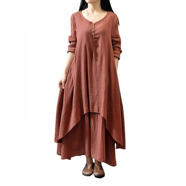 Femmes Coton et Lin Maxi Robe 2018 Printemps Été Faux Deux Pièces Demi-Manche en Vrac Robe Irrégulière Oversize