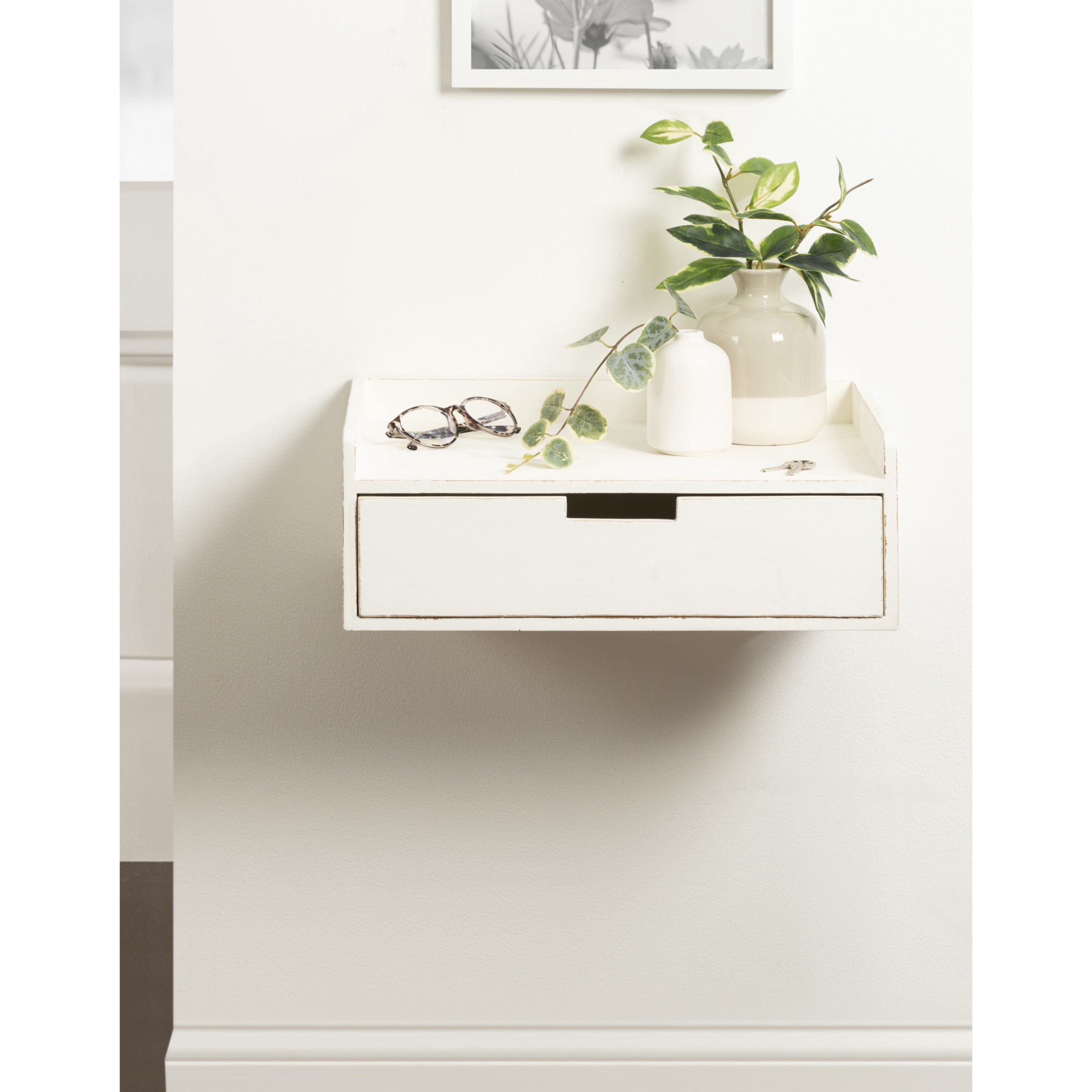 Kate and Laurel Kitt Modern Floating Shelf Side Table with Drawer, 18 x 12 x 7, White, Decorative Solid Wood Floating Table with Pull Out Drawer and Cubby for Space-Saving Dorm Decor