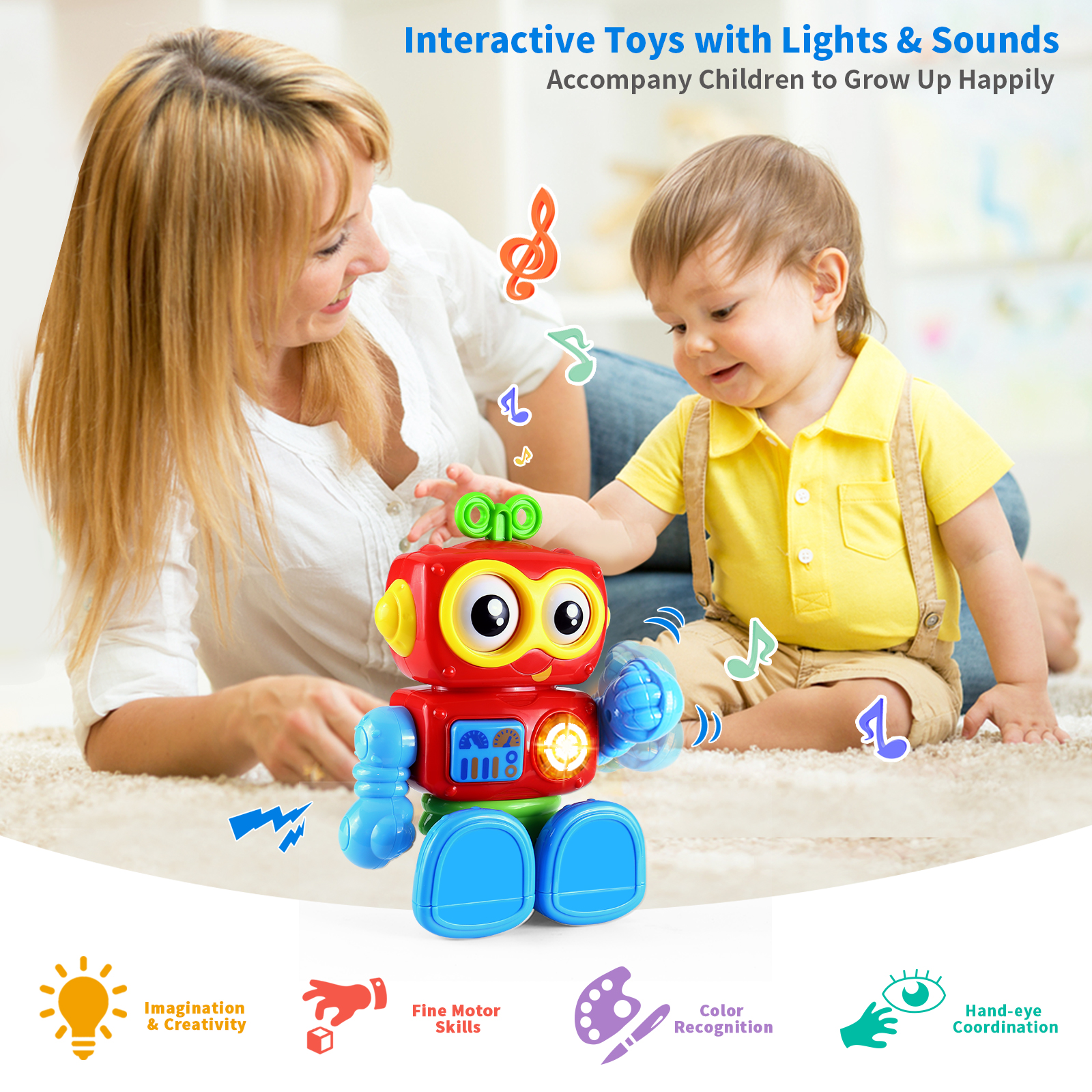 Yerloa Robot Toys for 1 Year Old Boys Girls Birthday Gift, Baby Toys 6-12 Months, Musical Light Up Tummy Time Infant Toys 3-6 12-18 Months, Interactive Sensory Toys for 1-2 Year Old Fine Motor Skills
