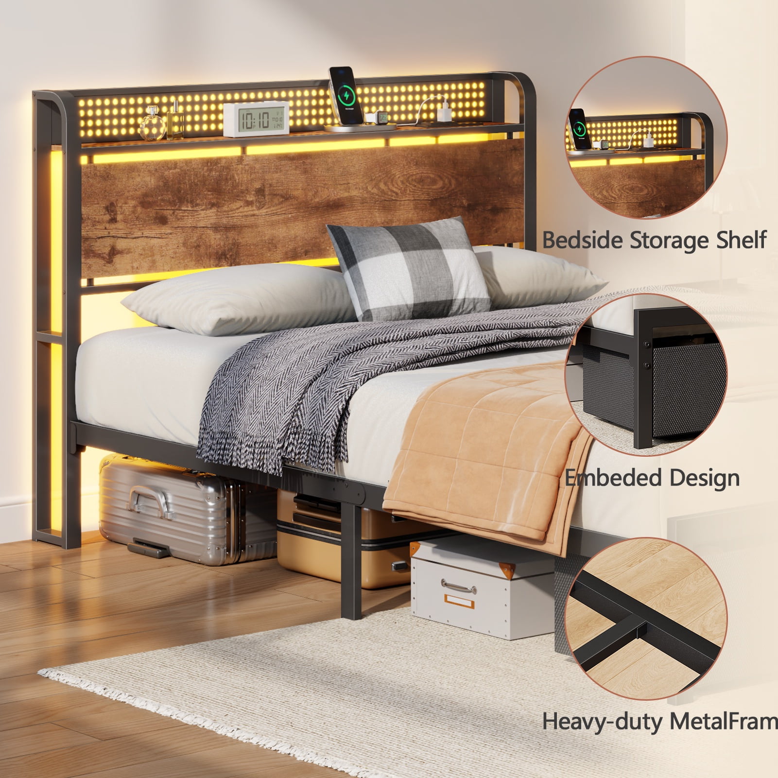 Tydimor Twin Bed Frame with 2 Drawers & Storage Headboard, Platform Metal Bed with Charging Station, No Box Spring Needed