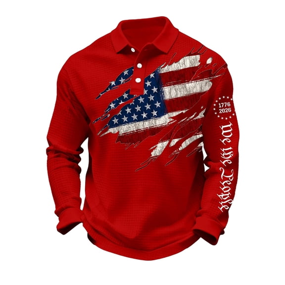 IYYVV USA Shirts Men's 250th Anniversary Flag Print Casual Waffle Long Sleeve Polo Shirt Cross Patriotic Tee Red#1 5XL