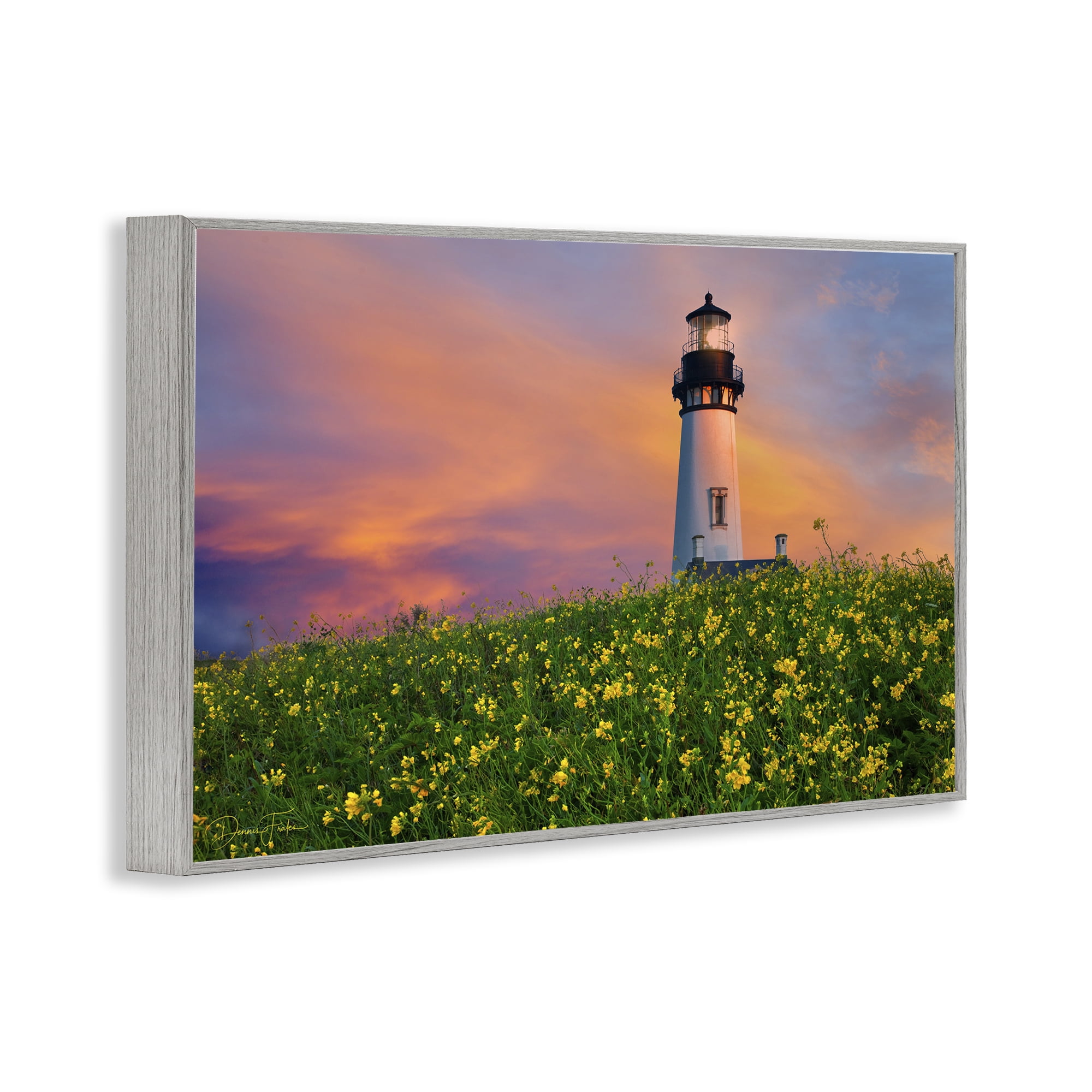 Stupell Industries Lighthouse & Floral Meadow Coastal Photography Gray Framed Art Print Wall Art, 24 x 16