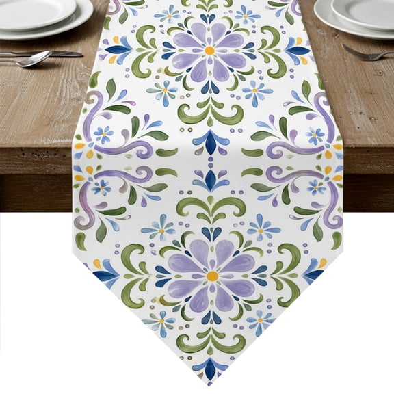 Purple Green Floral Table Runner Linen Burlap Table Runner 72 Inches Long Ethnic Boho Cottagecore Botanical Dresser Scarves for Kitchen Island Coffee Dining Room Party Holiday Decoration 14"x72"