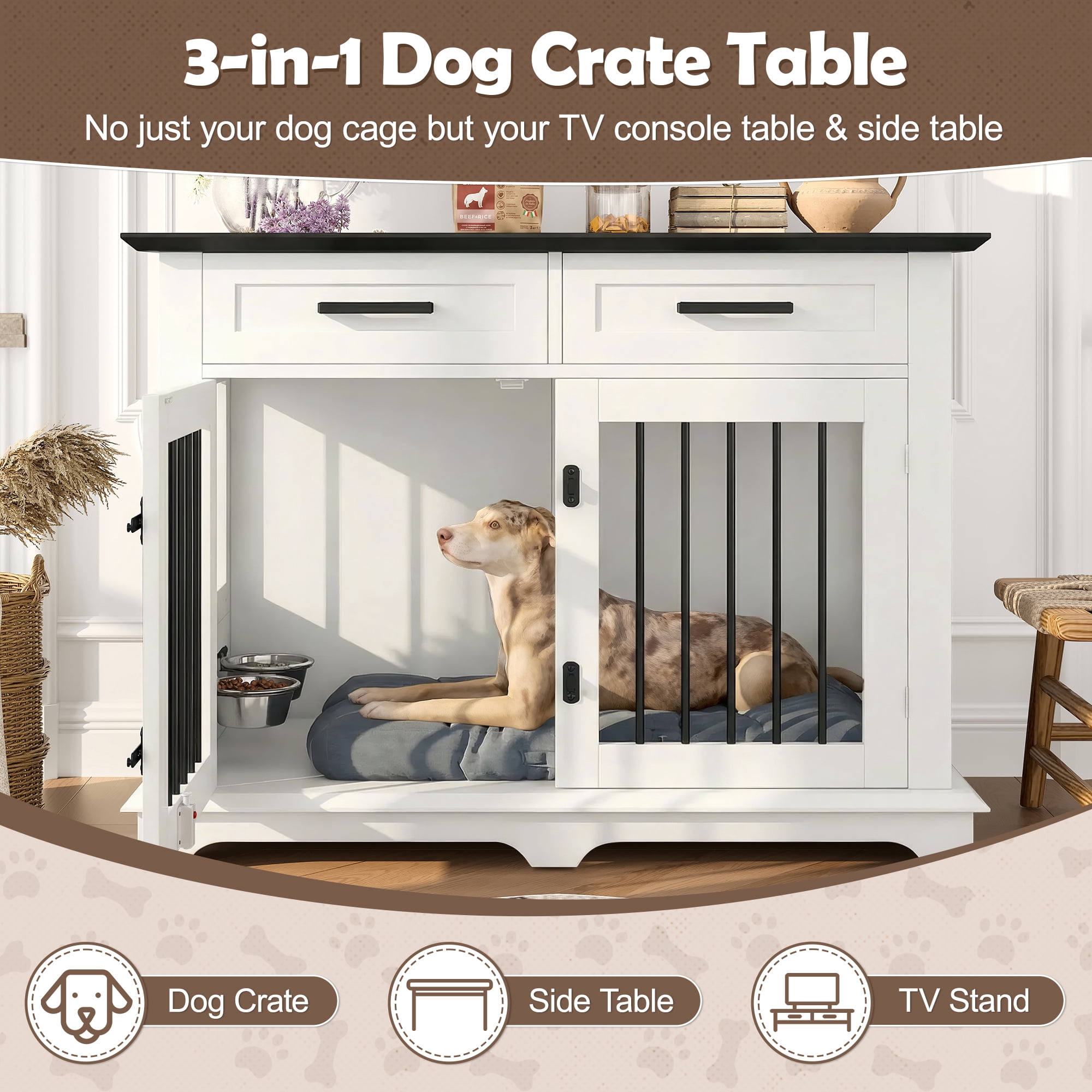 Euroco 44" Large Dog Crate Furniture, Wooden Indoor Dog Kennel End Table with Storage Shelf, 2 Drawers and Rotating Bowls, Dog Crate Cage House for Medium Dogs,White