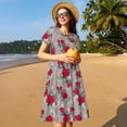 thumbnail image 4 of Gukieu Rose Flowers Print Women's Short Sleeve Dress, Elastic Waistband A-line with Pockets Summer Dress, Suitable for Daily Leisure, Work, Vacation, 4 of 6