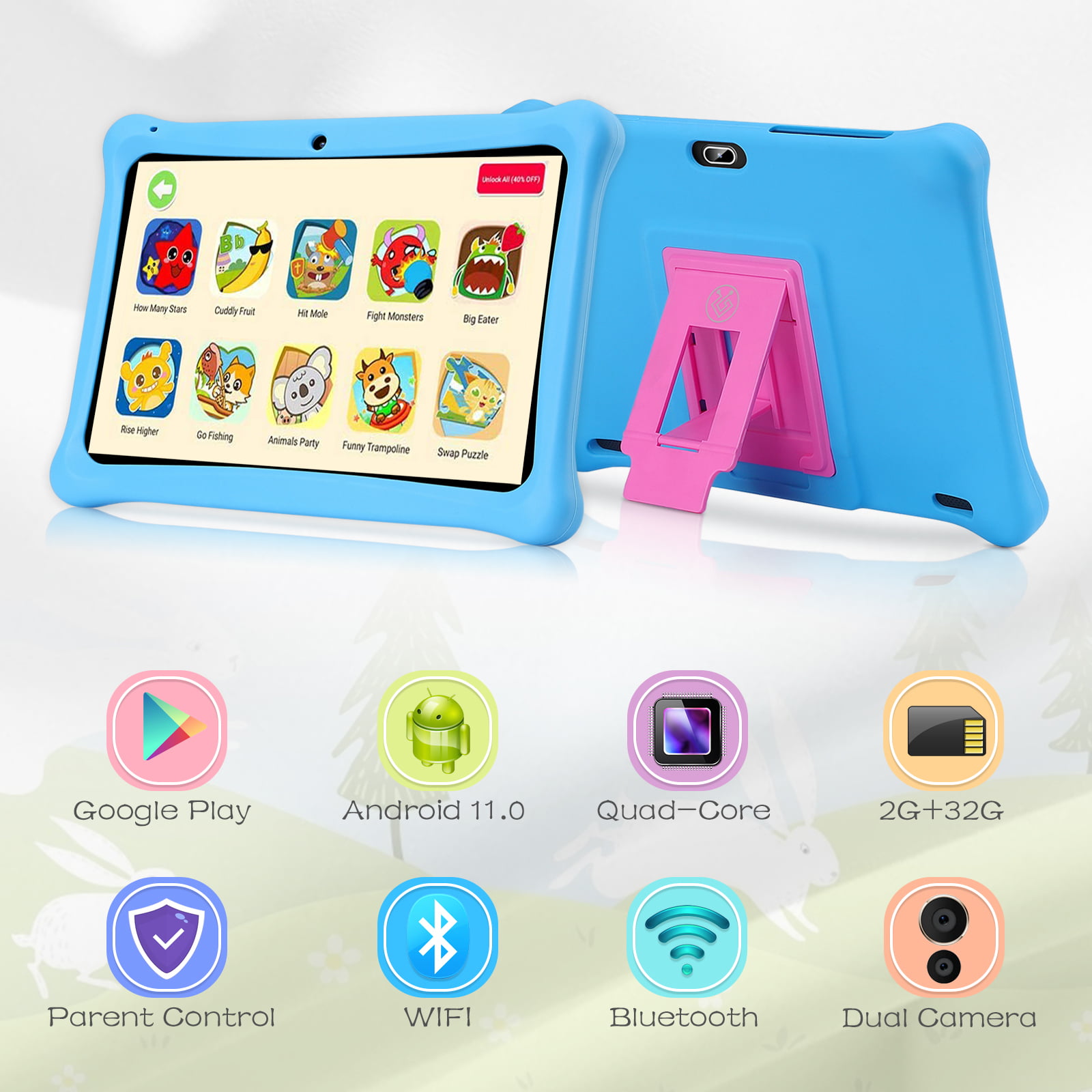10 Inch Kids Tablet, 10.1" Display, 6000mAh, Android 10.0 2GB ＆ 32GB Storage, Parental Control Learning Tablet, Stylus ＆ Earphone ＆ Kid-Proof Case