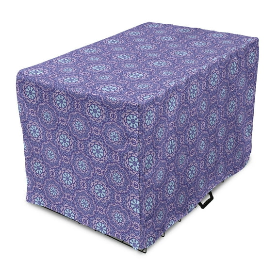 Oriental Dog Crate Cover, Curlicue and Medallion Motifs in Vibrant Colors, Easy to Use Pet Kennel Cover Small Dogs Puppies Kittens, 7 Sizes, Blue Violet Lavender Blue, by Ambesonne