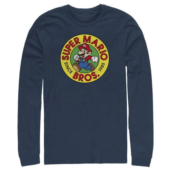 Men's Nintendo Super Mario Circle Badge Since 1985 Long Sleeve Shirt Navy Blue Medium
