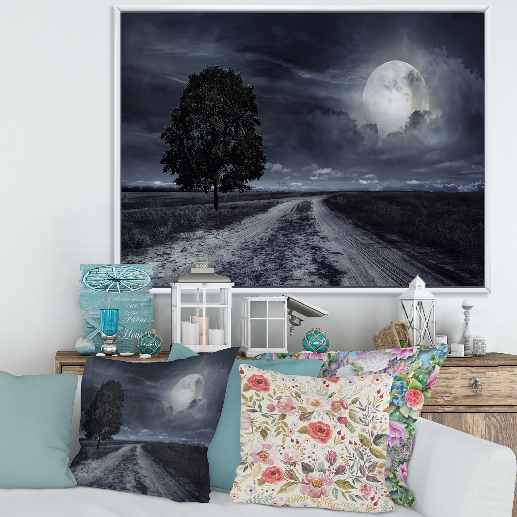Designart 'A Full Moon Over Paved Road' Nautical & Coastal Framed Canvas Wall Art Print