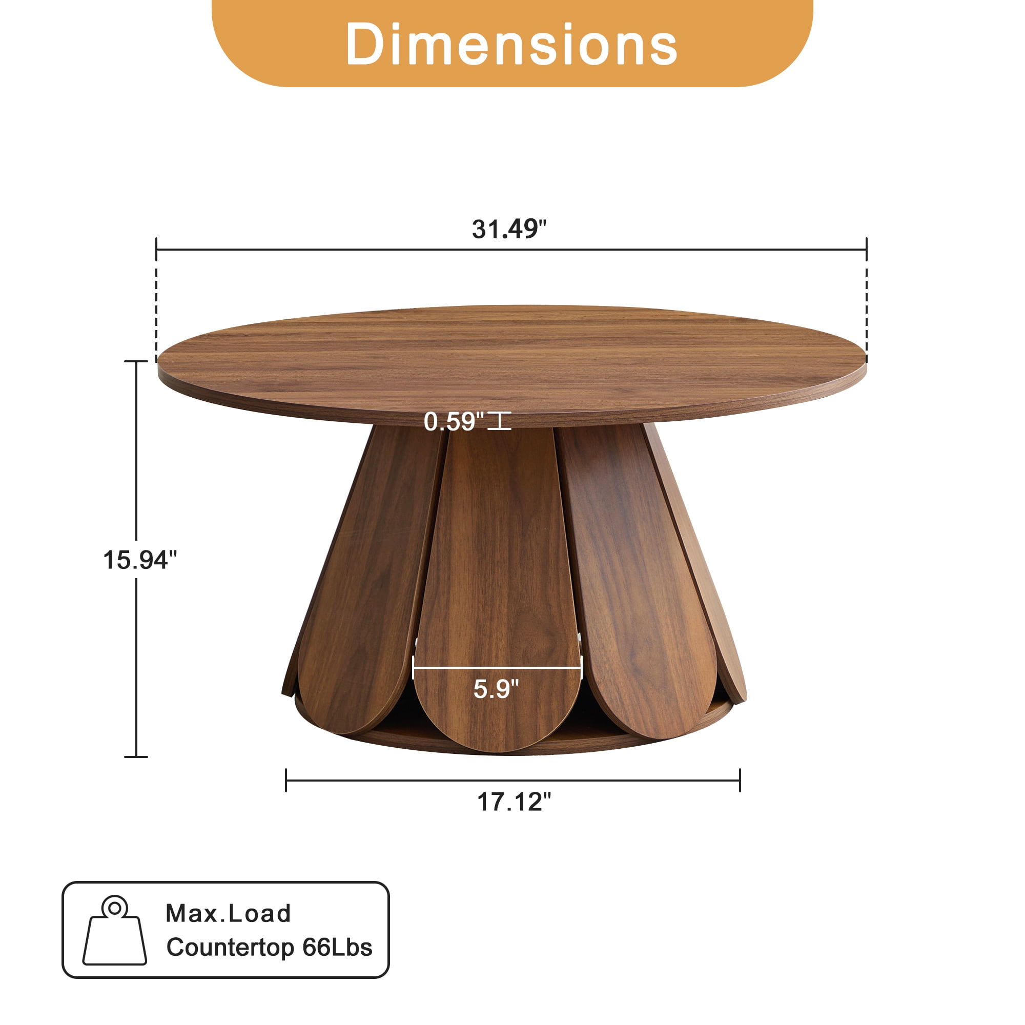 YOCWO 31.5" Small Round Coffee Table for Small Apartment Living Room, Modern Walnut Coffee Table with Petal Base