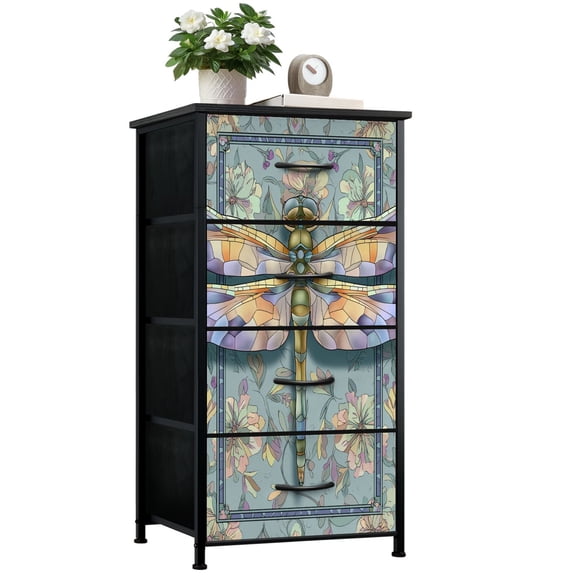 Stained Glass Style Dresser for Bedroom with 4 Storage Drawers Pastel Dragonfly Spring Floral spring mosaic Dressers Chest of Drawers Steel Framed Fabric Closet Organizers for Dorm Entryway Mom