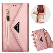 K-Lion iPhone 15 Pro Max Case Wallet, Retro Luxury PU Leather Crossbody Strap Wirstlet Zipper Purse Flip Case Magnetic Closure Handbag Shockproof Peotective Cover for iPhone 15 Pro Max,Rosegold