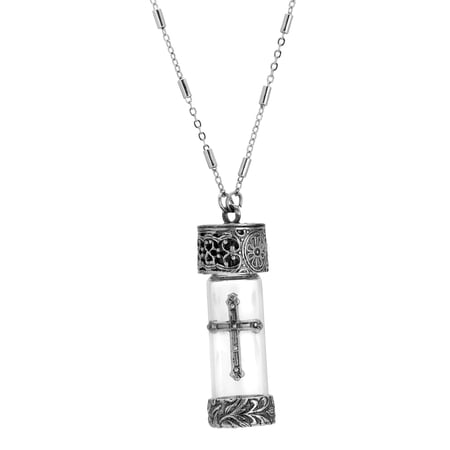 Symbols of Faith Women s Antiqued Pewter Cross Filigree 3.69 Ml Glass Vial Pendant Necklace 30 Inches