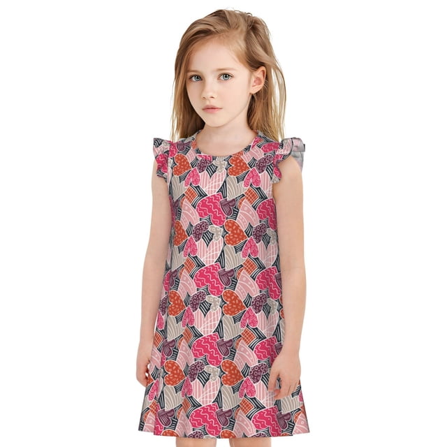 Fotbe Hearts for Valentines day Vestido de Dormir para Niñas de 3 a 10 Años, Mangas Cortas, Estilo Princesa, Pijama Camisón con Mangas Voladas-Small