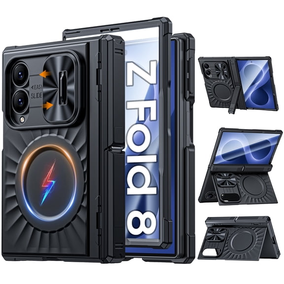 Oupeigar for Samsung Galaxy Fold 8 Case, with Magnetic Kickstand,Tempered Glass Screen Protector, Slim Translucent Matte Shockproof Protective Cover-Black