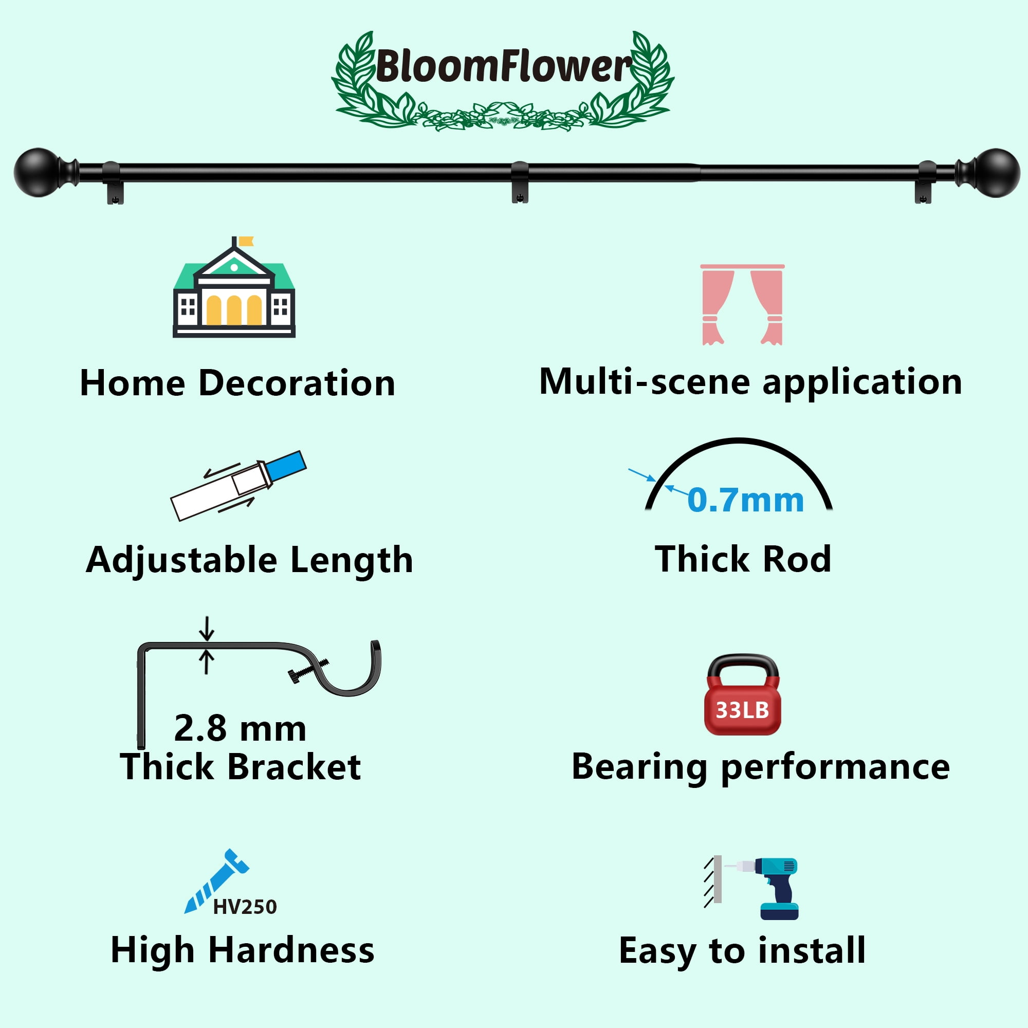 BloomFlower Curtain Rods 48-84 Inch, 92-inch rod Adjustable Length Heavy Duty Diameter 7/8 inch, Decorative Finials, Black