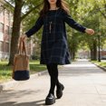 thumbnail image 3 of Quixlent Women's Vintage Plaid Dress Casual Long Sleeve Cotton Linen Dress Fall Loose Fit Checkered Crew Neck Tunic Midi Dress, 3 of 8