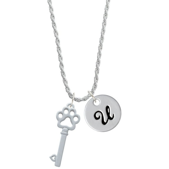 Delight Jewelry Silvertone Open Paw Key Silvertone Script Initial Disc - U - Charm Necklace, 20"+3"