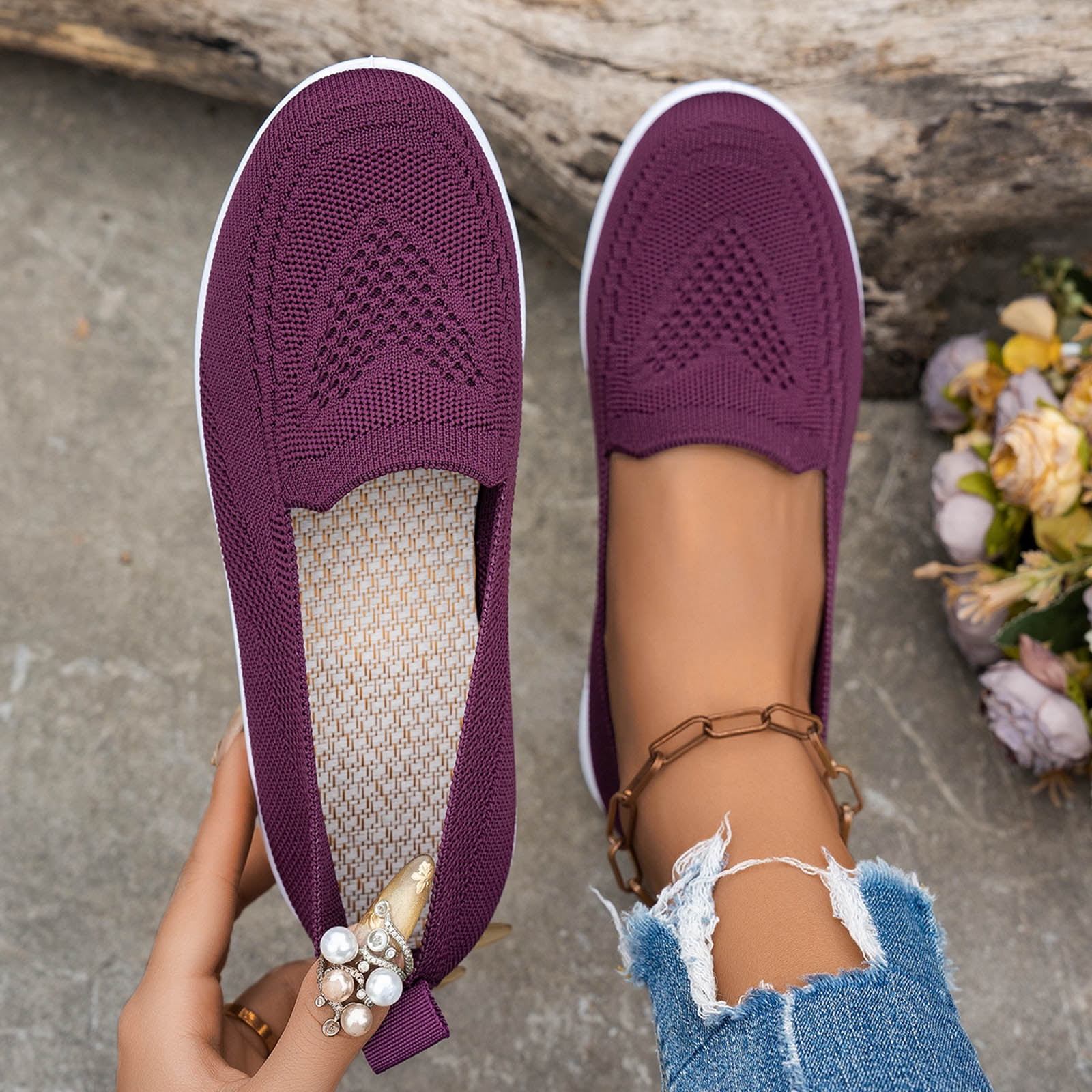 Loafers for Women Slip on Solid Mesh Walking Shoes Comfy Soft Sole Lightweight Driving Nursing Shoes Casual Breathable Flat Shoes Dark Purple Size 8.5