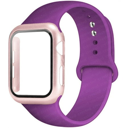 Glass+Case+Strap For Apple Watch band 44mm 40mm 38mm 42mm 40 44 mm Silicone Smartwatch Strap and PC screen protector Cover iWatch 3 4 5 6 SE Wristbands - New Purple