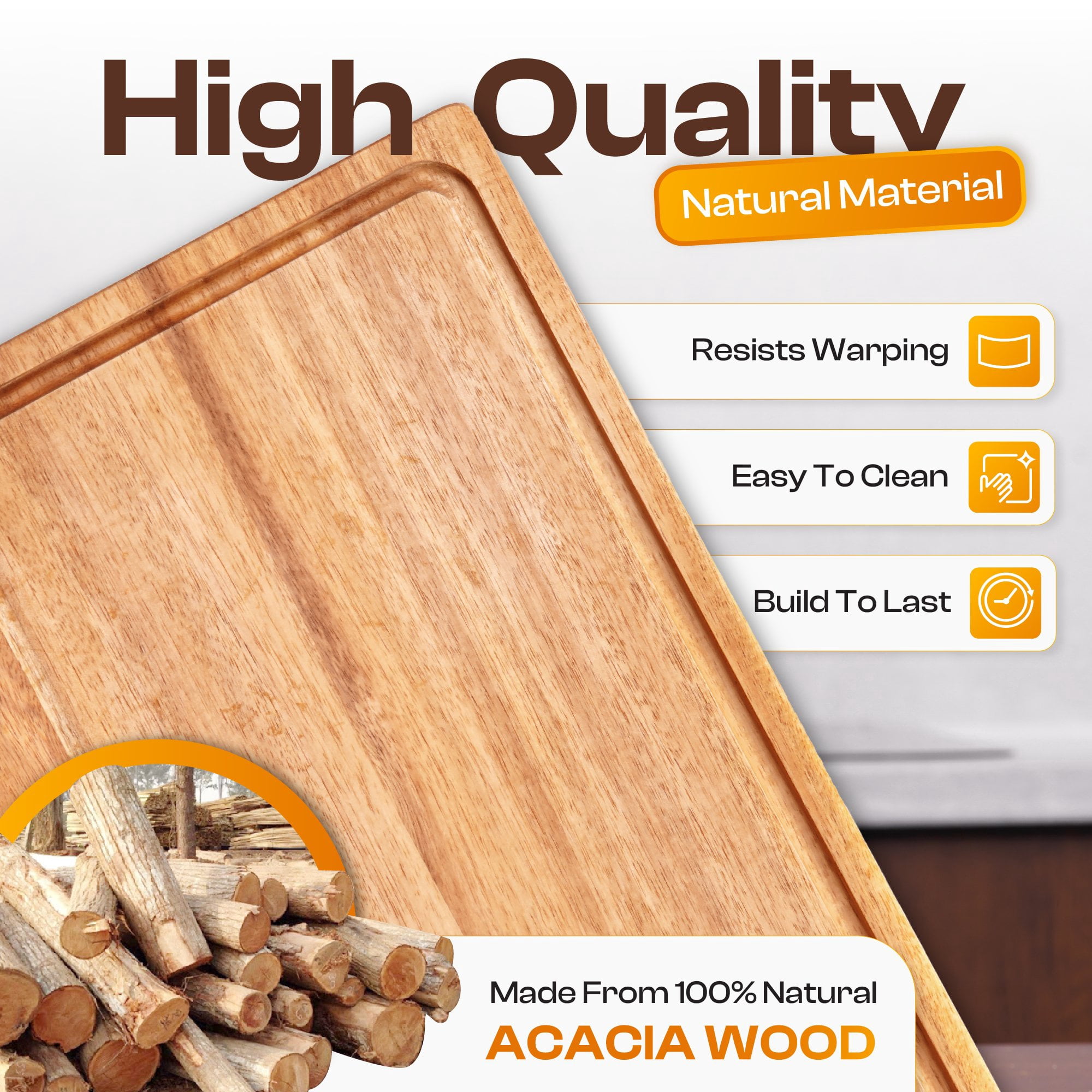 AN68 Acacia Wood Cutting Board Set of 3 – Reversible 2-in-1 Butcher Blocks & Serving Trays, 100% Natural Hardwood with Juice Groove, Gift Box Ready