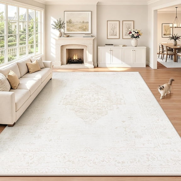 Washable Vintage-Style 8' x 10' Rectangular Area Rug Low Pile Non-Slip Beige