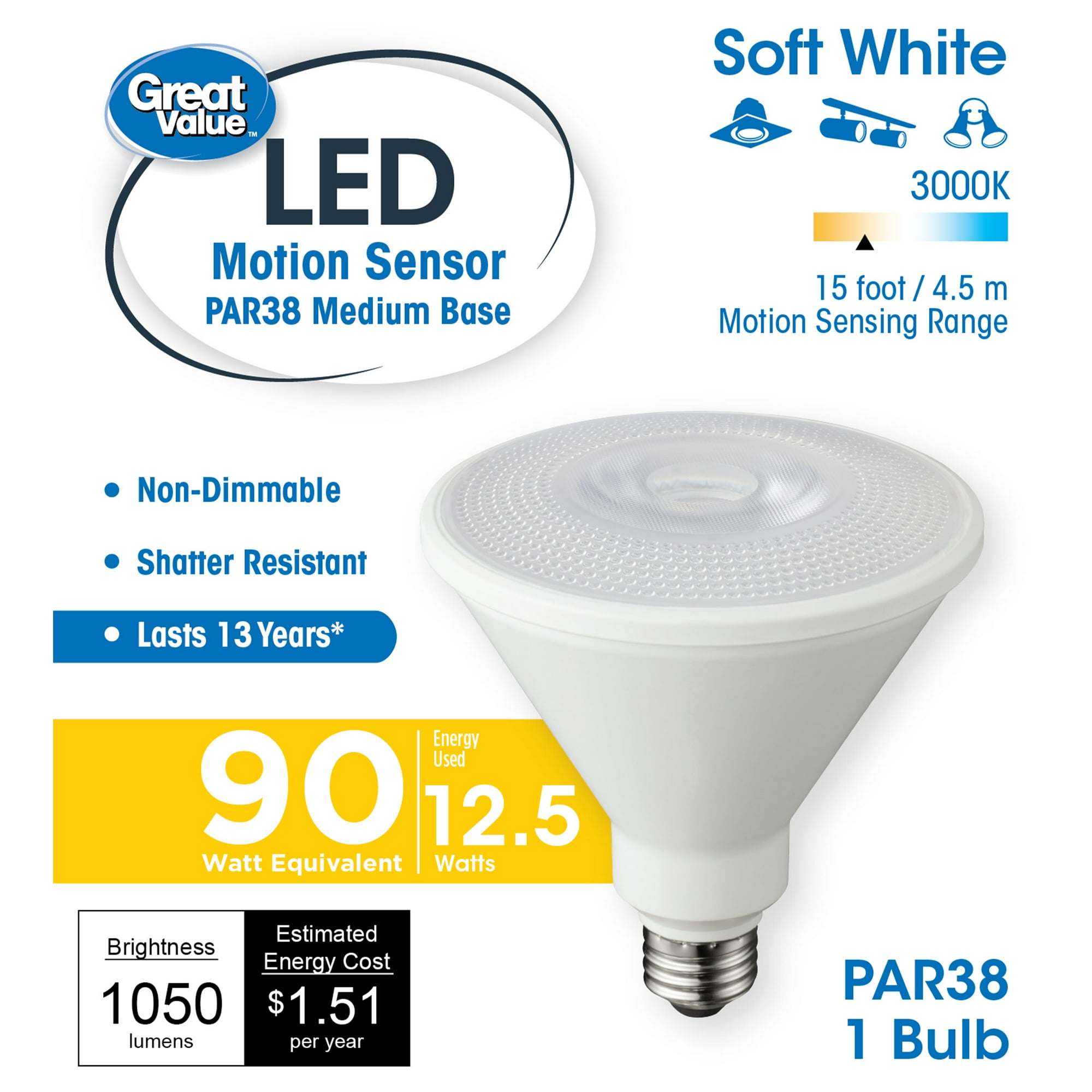 Great Value PAR38 LED Motion Sensor Light Bulb, 12.5W, 90W Equivalent, E26 Medium Base