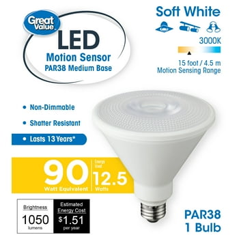 Great Value LED Light Bulb, 12.5W (90W Equivalent) PAR38 Motion Sensor Lamp E26 Medium Base, Non-Dimmable, Soft White, 1-Pack