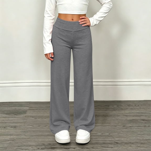 Qodauz Girls Wide Leg Sweatpants Thin School Uniform Trousers Elastic Waisted Casual Athletic Pants with Pocket 5-14 Years