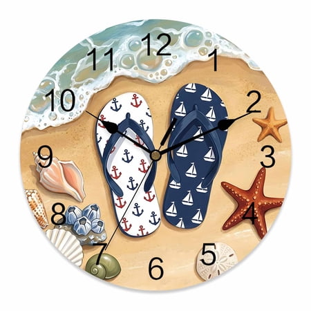Wall Clock Sandy Beach Flip Flops Clocks PVC Silent Non-Ticking Battery Operated Decorative Coastal Starfish Shell Round Clock for Home Living Room Kitchen Bedroom Office School Wall Decor 10 Inch