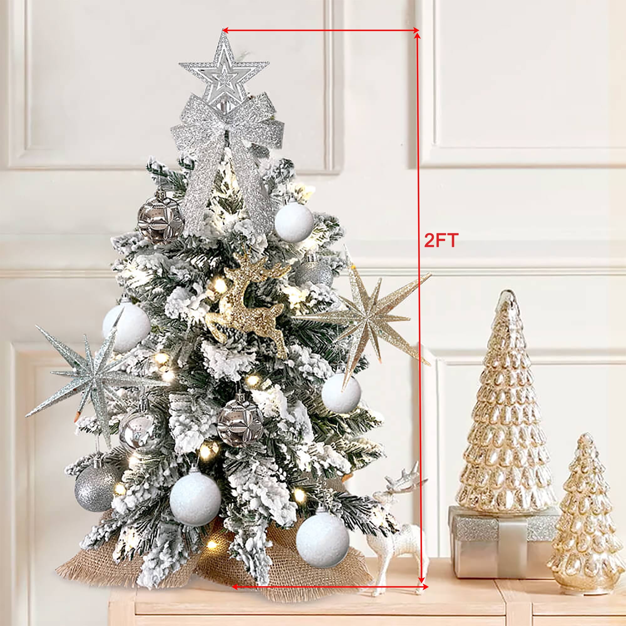 Silver Small Artificial Christmas Tree Pre-lit Tabletop Xmas Tree with  Lights and Rich Decorations
