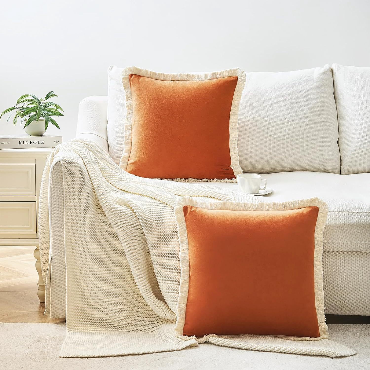 Yumcute Pillow Covers 20x20 Set of 2 Beige Throw Pillow Covers with Fringe Chic Cotton Decorative Pillows Square Cushion Covers for Sofa Couch Bed Boho Decor