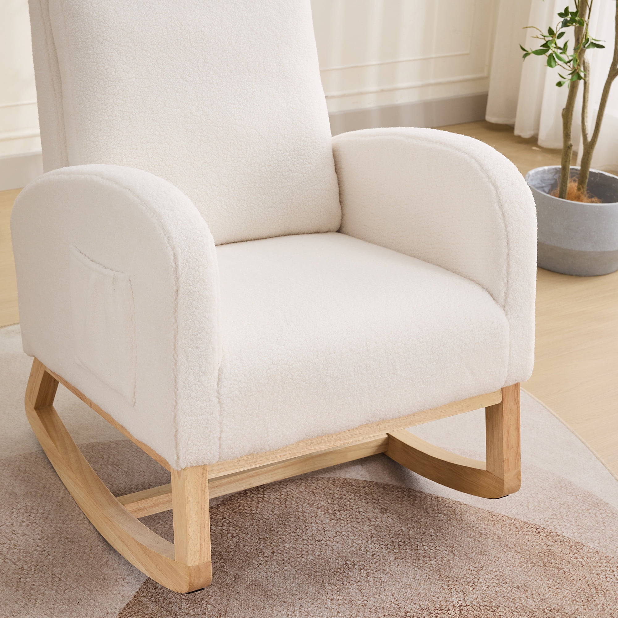 27.2"W Rocking Chair for Nursery, Sherpa Glider Chair with High Back and Side Pocket, Rocking Accent Armchair with Rubber Wood Legs for Living Room/Bedroom.Ivory