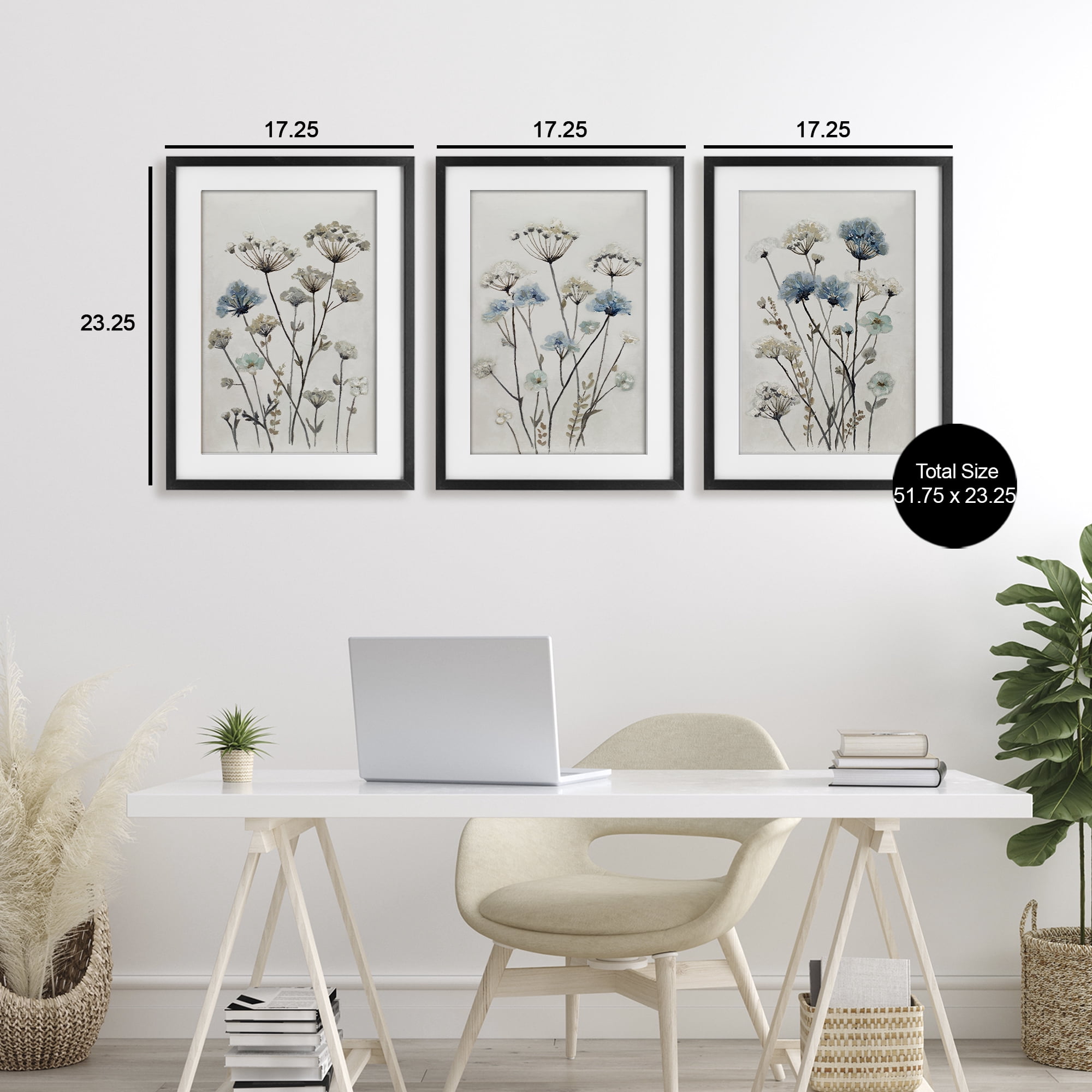 Stupell Industries Neutral & Blue Garden 3 Piece Black Framed Print Under Glass Set, design by Patricia Pinto