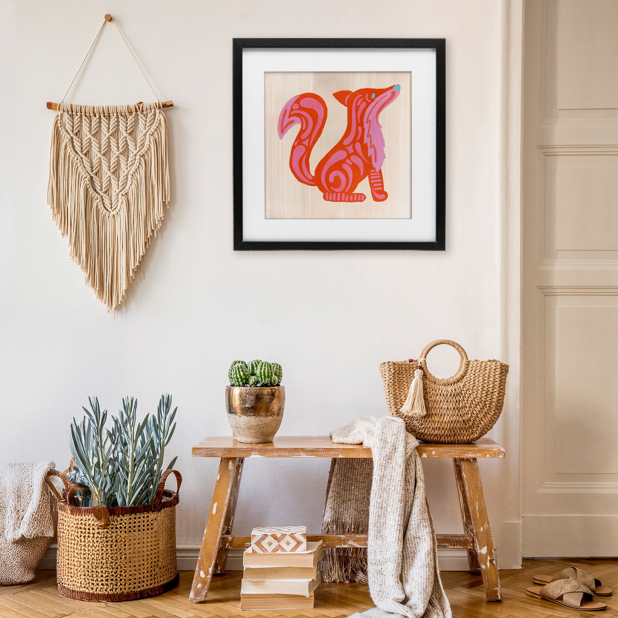 Stupell Industries Whimsical Folk Fox Vibrance Black Framed Print Under Glass, design by The Paper Curator
