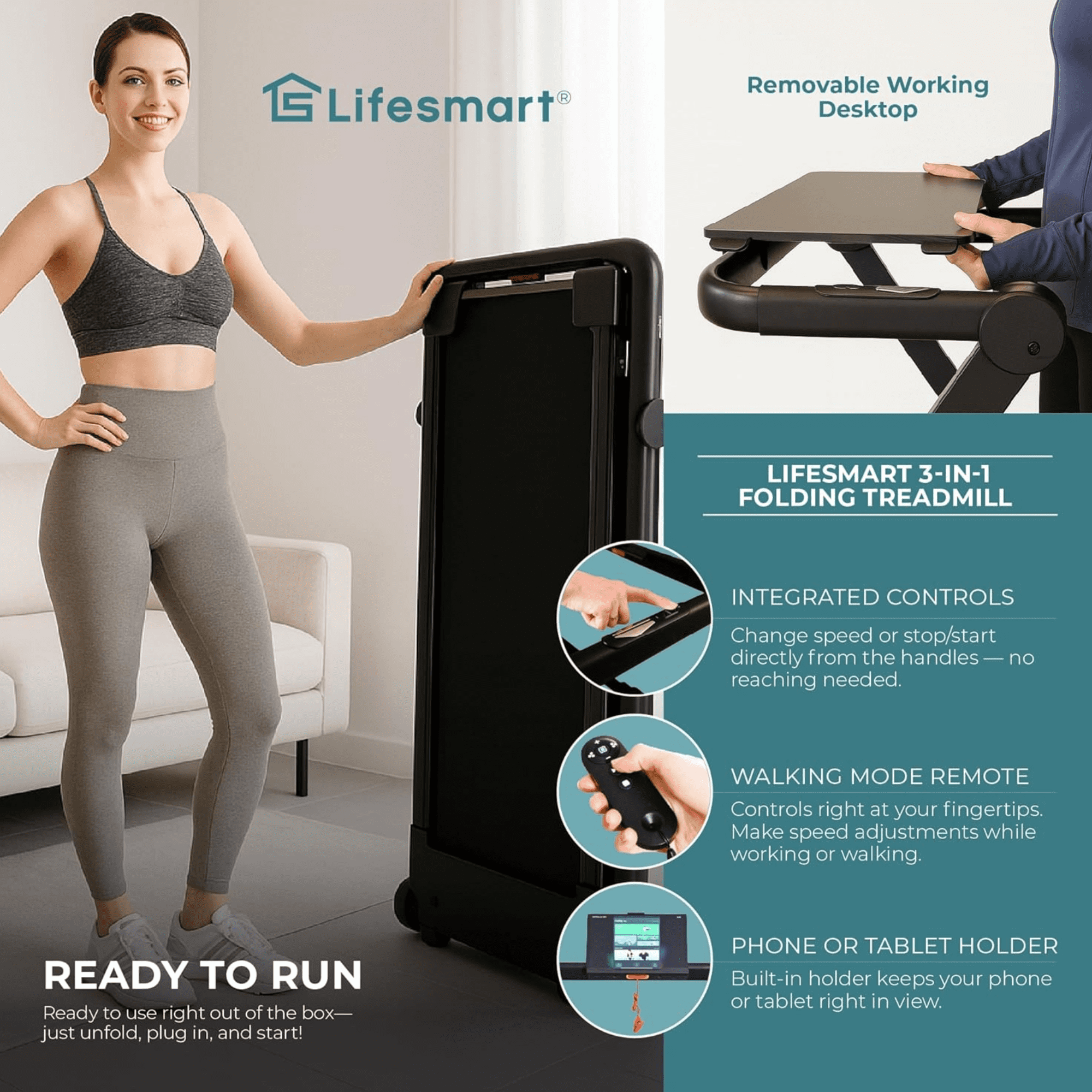 Lifesmart TM2202 Denise Austin 3-in-1 Portable Walking Pad Treadmill | Work, Walk & Jog Station | Foldable Portable Walk Pad with Desk Tabletop, 2.5HP Quiet & Compact Treadmill for Home/Office
