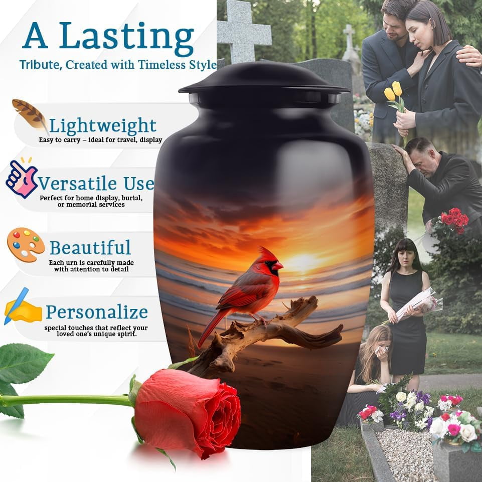 Cardinal Bird Sunset Urn, Beach Scene Cremation Urn For Human Ashes, Spiritual Messenger Urns For Ashes Adult Female, Cardinal Memorial Cremation Urn Keepsake, Size 6 Inch 1Pcs