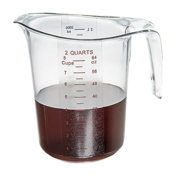 Restaurantware RW Base 2 Quart Measuring Jar 1 Durable Measuring Beaker - Metric And Imperial Units V-Shaped Spout Clear Plastic Measuring Cup Handle With Thumb-Grip Tolerates Up To 248F