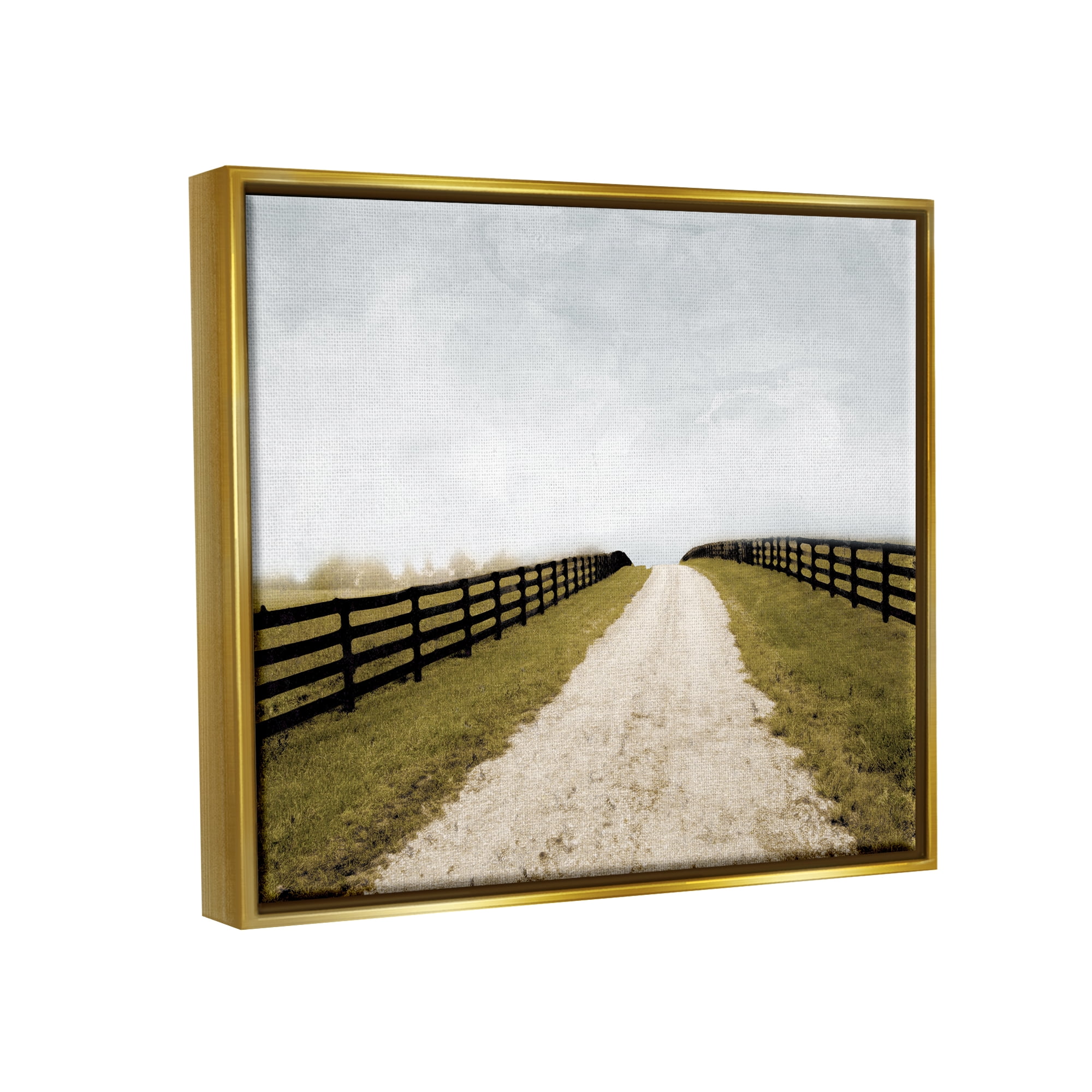 Stupell Industries Farmland Path with Fence Landscape Painting Gold Floater Framed Canvas Art Print Wall Art, 21 x 17