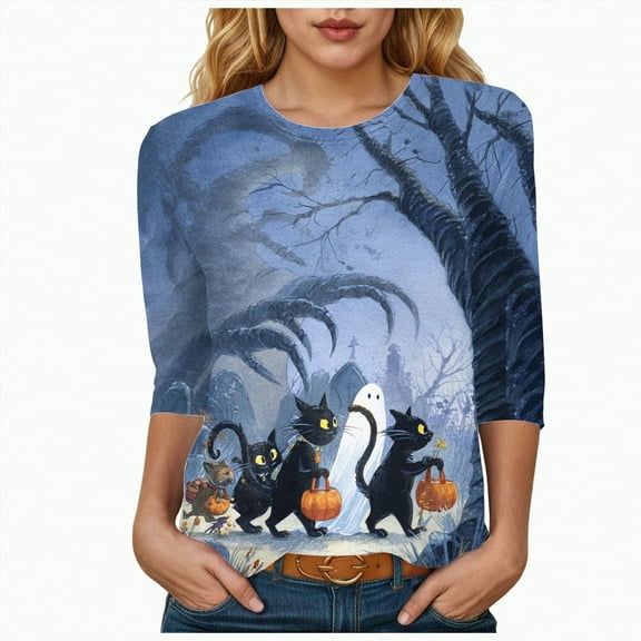 Godom Crew Neck Fall T-Shirt for Women Family Halloween Tops 3/4 Length Sleeve Pumpkin Graphic Tees
