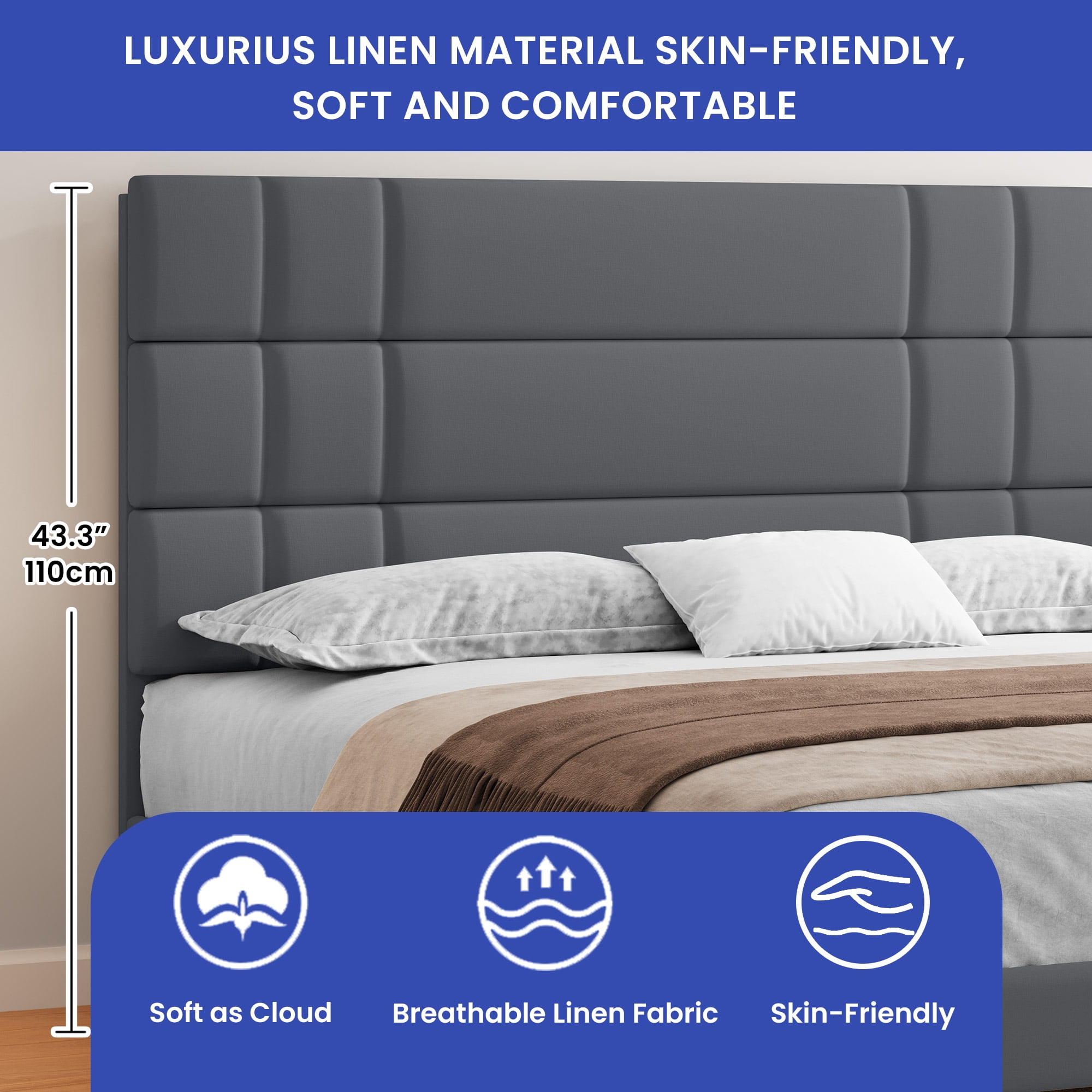 ModFusion - Modern Queen Size Bed Frame, Robust Metal & Wood Construction, Easy Assembly, 43.3" Linen Upholstered Headboard, Gray