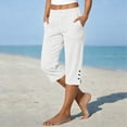 thumbnail image 2 of cfhntfmh Cotton Linen Capri Pants for Women Stretchy Waist Bermuda Shorts Knee Length Drawstring Cropped Pants Summer Beach, 2 of 5