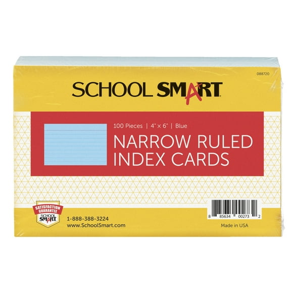 School Smart Ruled Index Card, 90 lb Stock, 4 x 6 Inches, Blue, Pack of 100