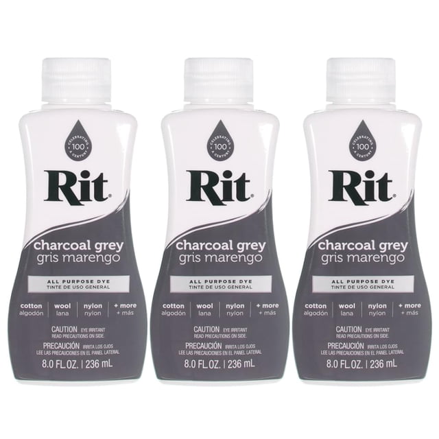 tinte líquido para telas rit dye, gris antracita, 240 ml (paquete de 3) Frontal, tres botellas plásticas blancas alineadas; etiqueta gris oscuro con logo Rit y texto 'charcoal grey / gris marengo', usos impresos para algodón, lana y nylon y volumen '236 mL'. A menudo usado para proyectos de teñido anudado y otras manualidades de tela.