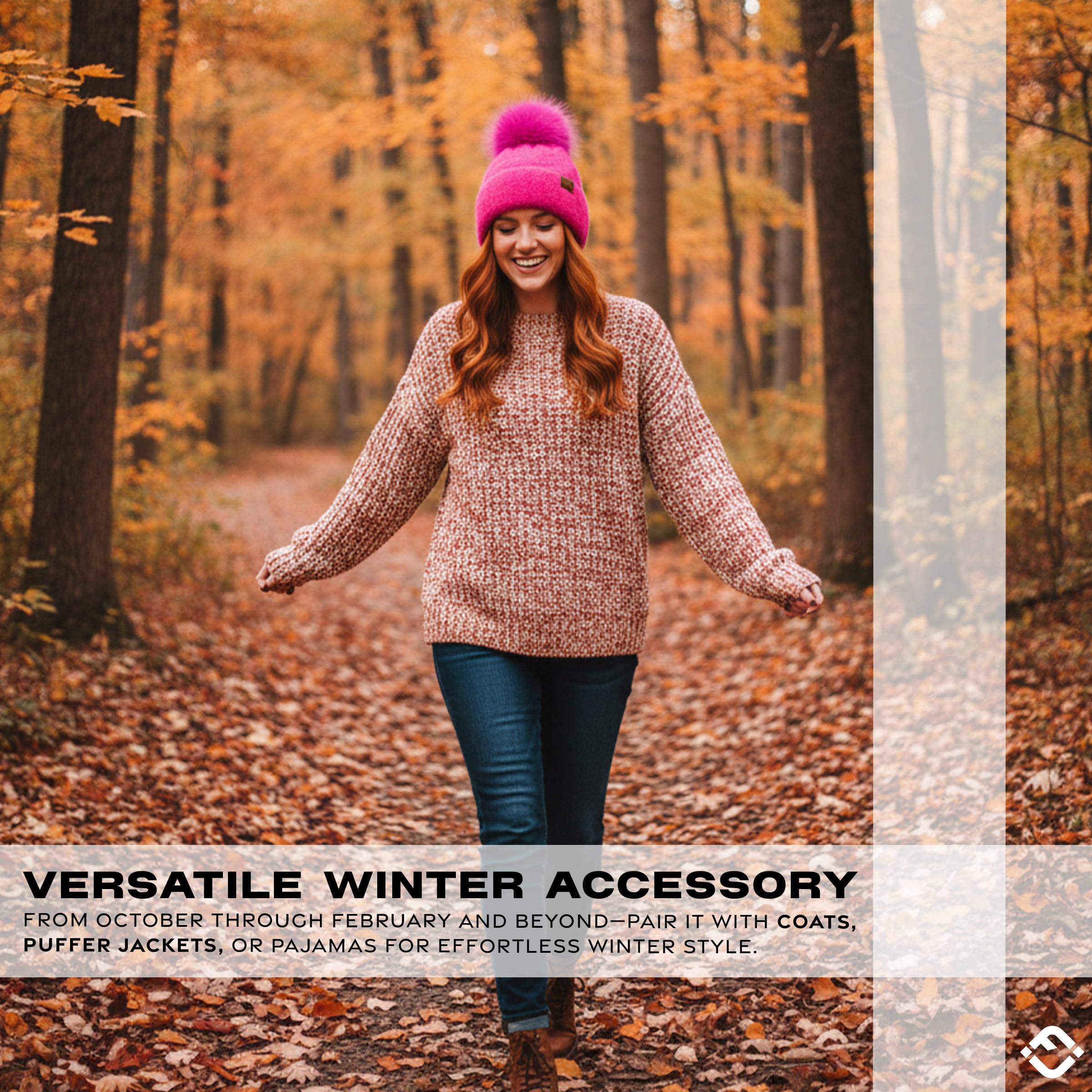 Funky Junque Beanie for Women Ultra Soft Chenille Faux Fur Pom Pom Winter Hats Warm Ski Cap Fashion - Hot Pink