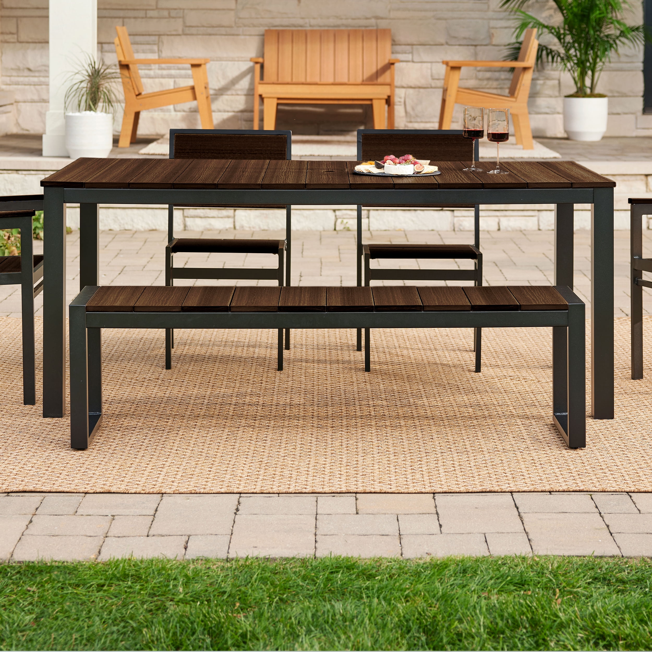 DuroGreen Park City 72" Rectangular 6-Pc Outdoor Dining Set, 1 Table/1 Bench/4 Chairs Made with All-Weather Tangent Sustainable Lumber, High End Patio Furniture, Black with Brazilian Walnut
