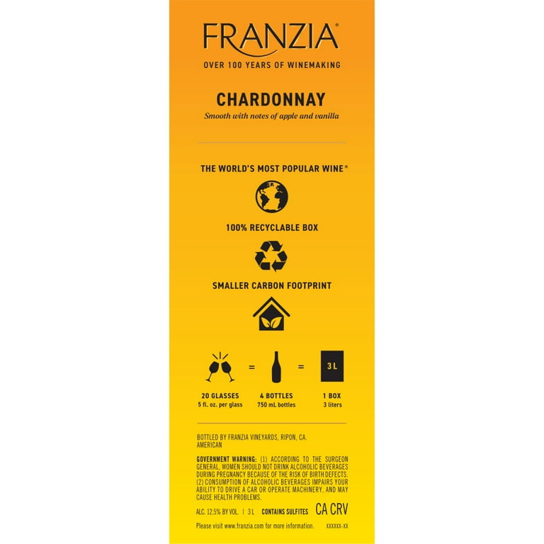 Franzia Chardonnay White Wine, 3 L Bag in Box, 13% ABV - Walmart.com