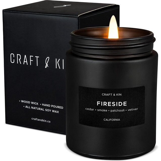Craft & Kin Scented Black Candles for Men | Smokey Fireside Scented Candles | Long Lasting with 45 Hour Burn Time, 7.6oz