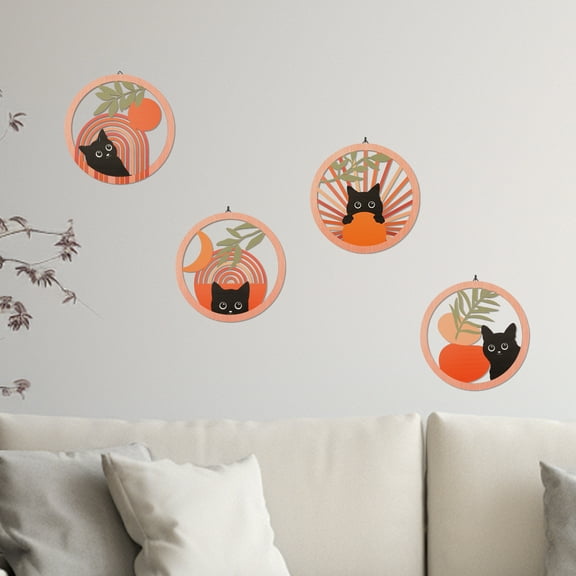 4Pcs Black Cat Wall Art Hanging Black Cat Room Decor Farmhouse Wooden Moon Sun Design Decor for Bedroom Garden Living Room